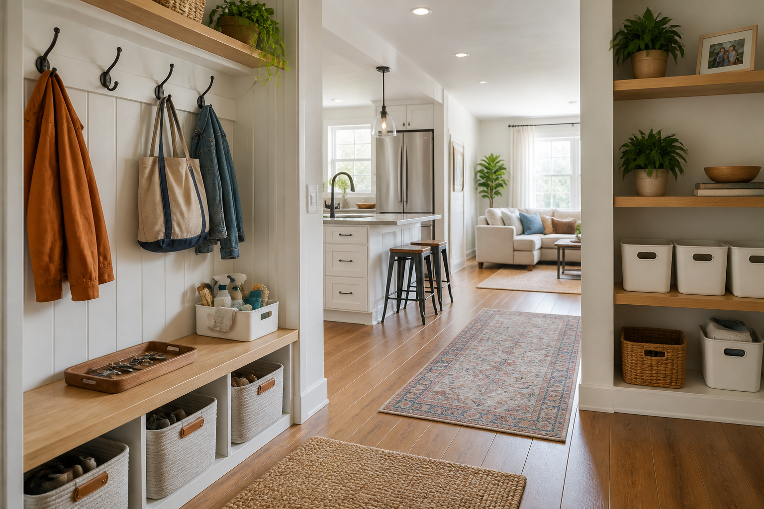 Organized home interior with an entryway drop zone, labeled storage, and tidy everyday living areas