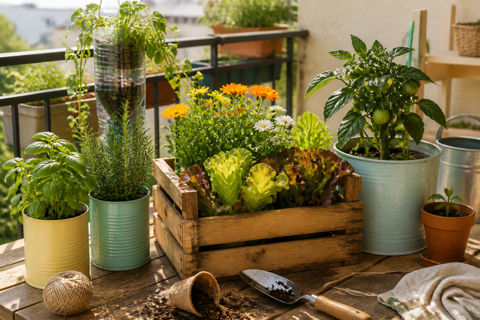A collection of herbs, flowers, and vegetables growing in colorful recycled household containers on a balcony.