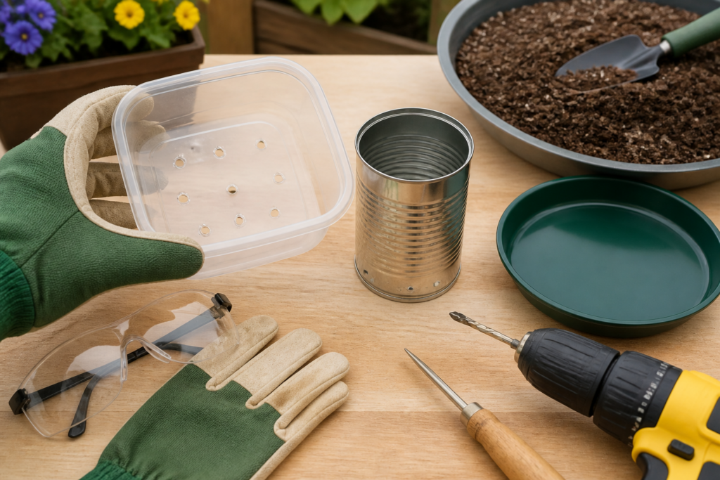 Recycled containers with drainage holes, safety equipment, and a tray prepared for container gardening.