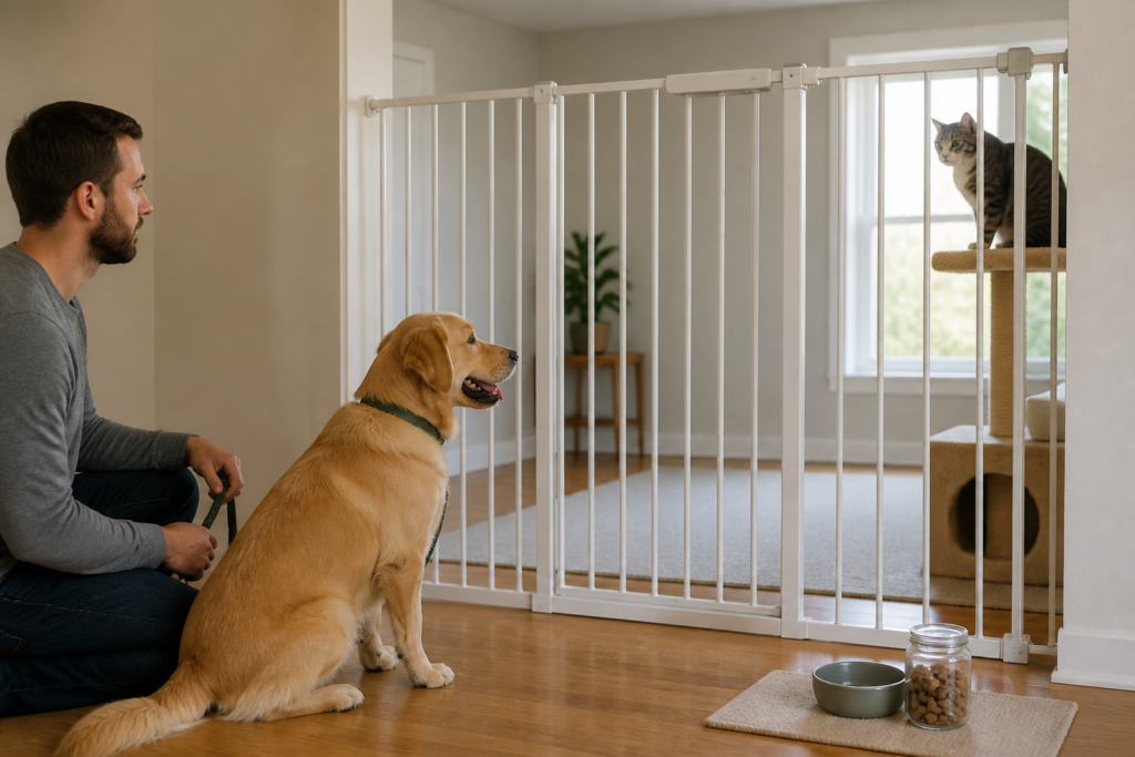 A cat and dog meeting safely through a barrier during a gradual introduction