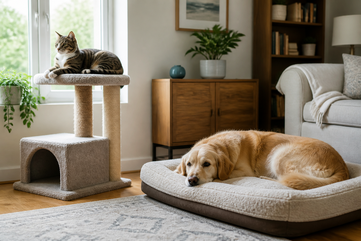 A cat and dog peacefully sharing a home while keeping comfortable personal space
