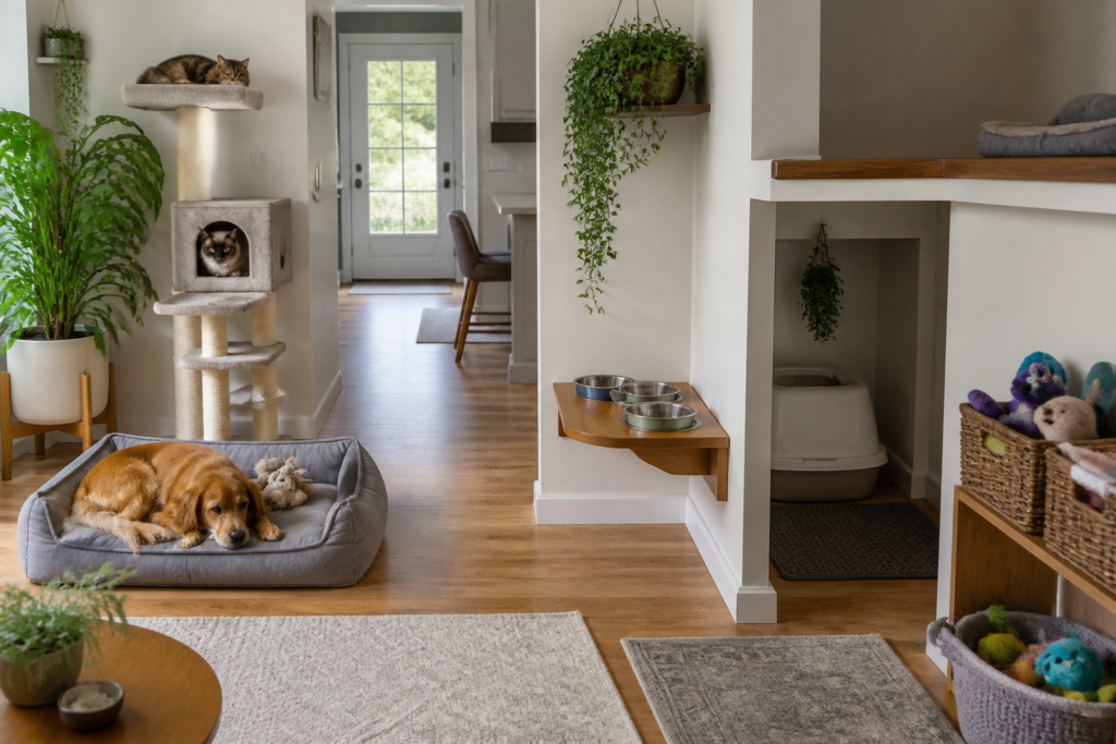 A shared home arranged with separate resources and resting spaces for a cat and dog
