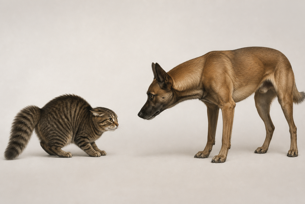 A stressed cat and tense dog displaying warning signs that require more distance