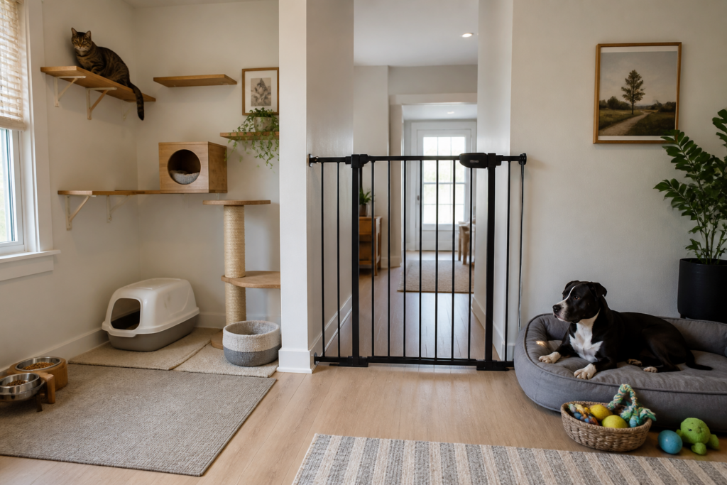 Separate cat and dog spaces with safe retreat areas and protected resources