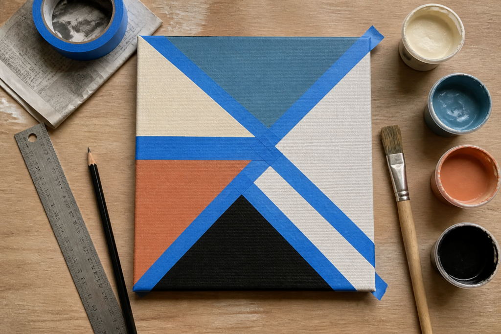 A beginner craft workspace with painter’s tape forming geometric shapes on a canvas alongside paint, brushes, and a ruler.