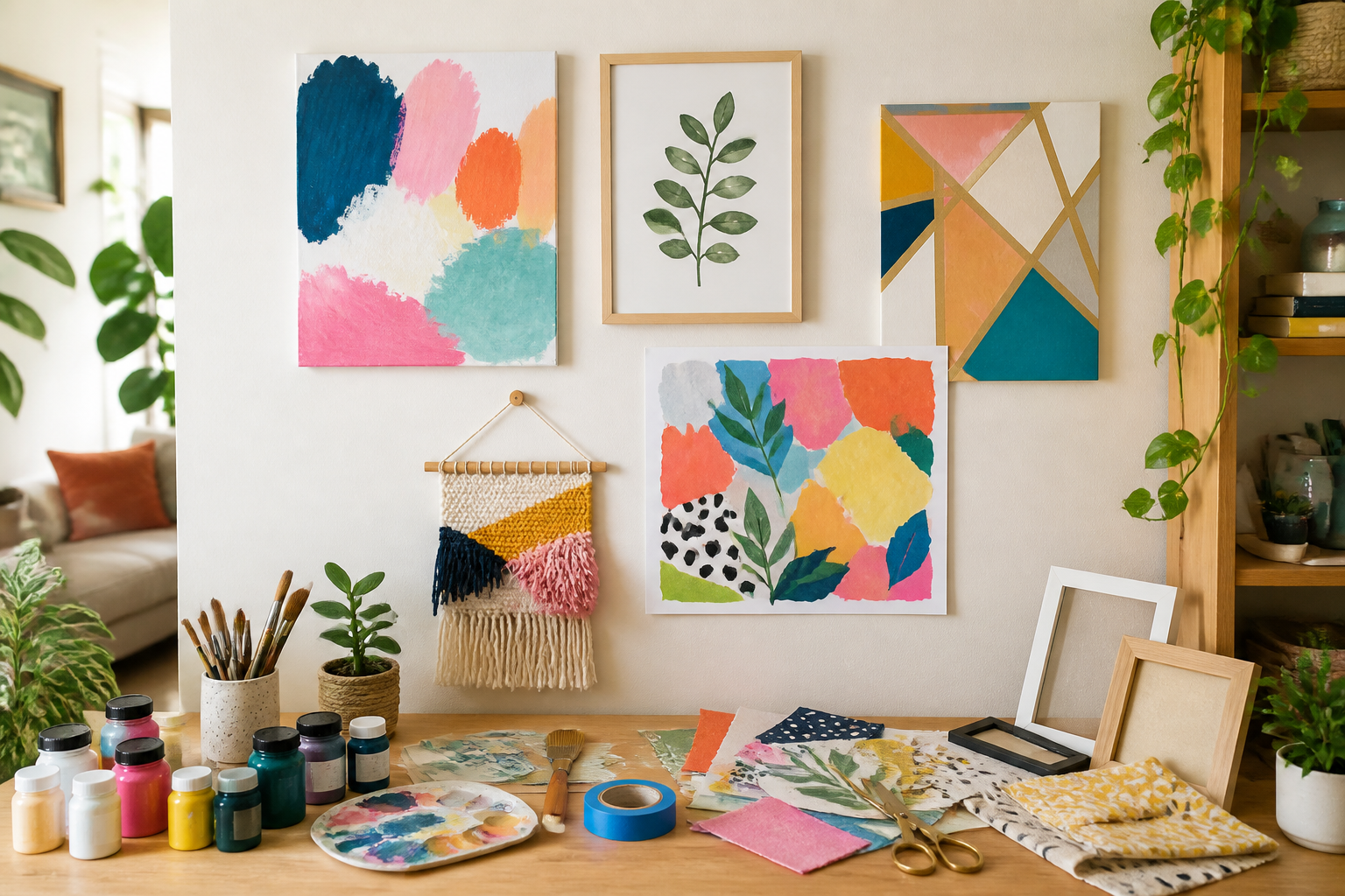 A collection of colorful beginner-friendly DIY wall art projects displayed in a bright home