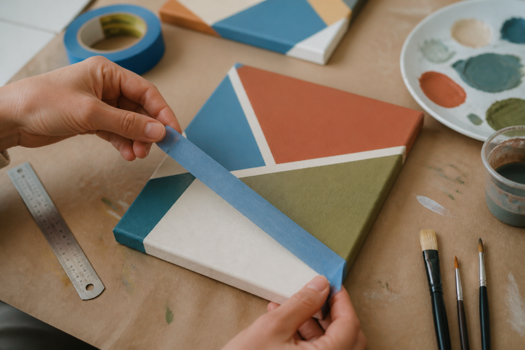 Removing painter's tape from a freshly painted geometric wall art canvas