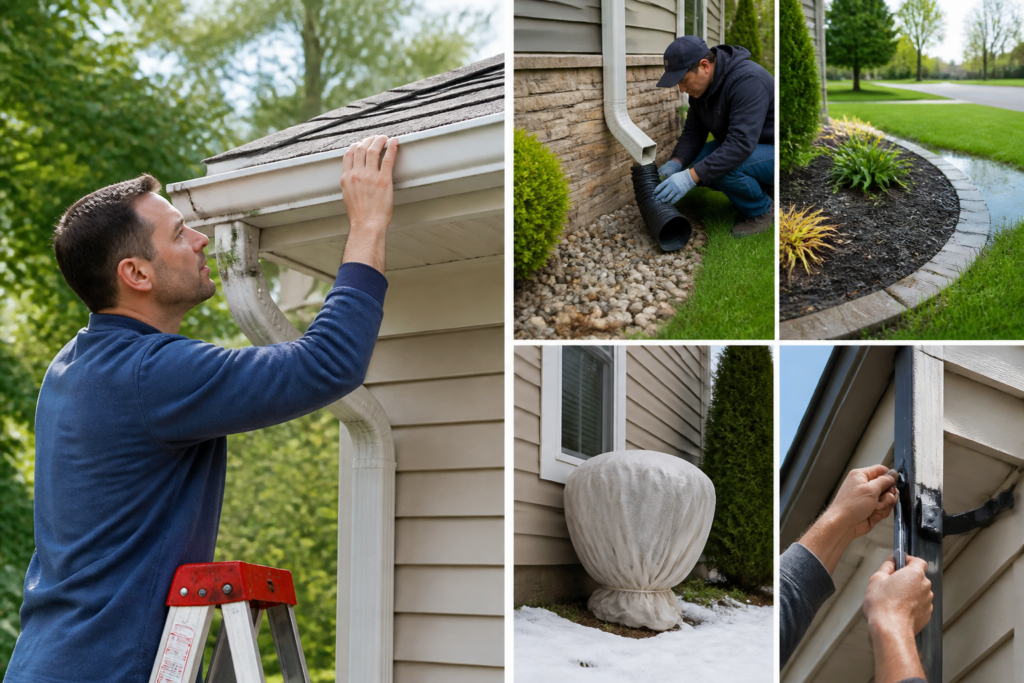 Homeowner checking gutters and drainage as part of seasonal home maintenance