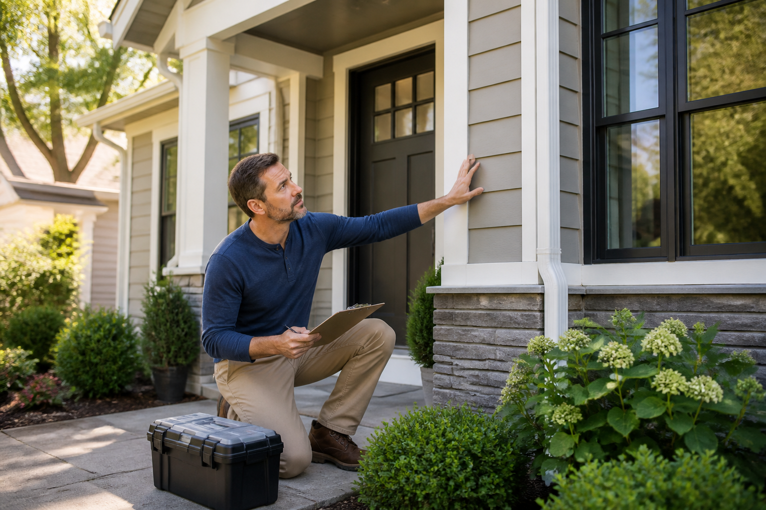 Homeowner inspecting a well-maintained house as part of a preventive maintenance routine