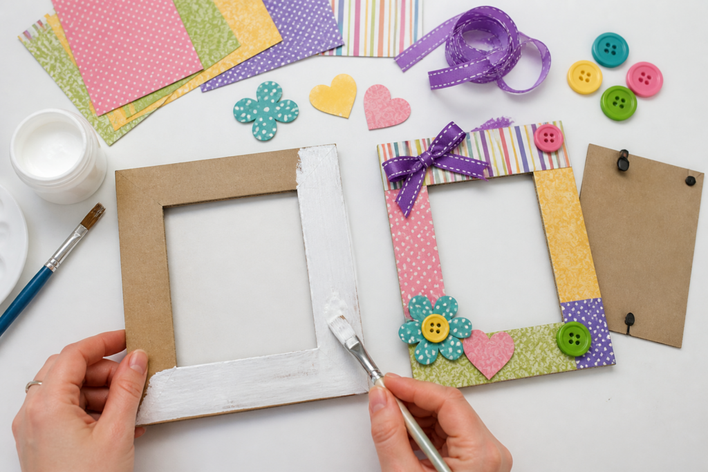 Decorating a handmade photo frame with paint, paper, ribbon, and embellishments
