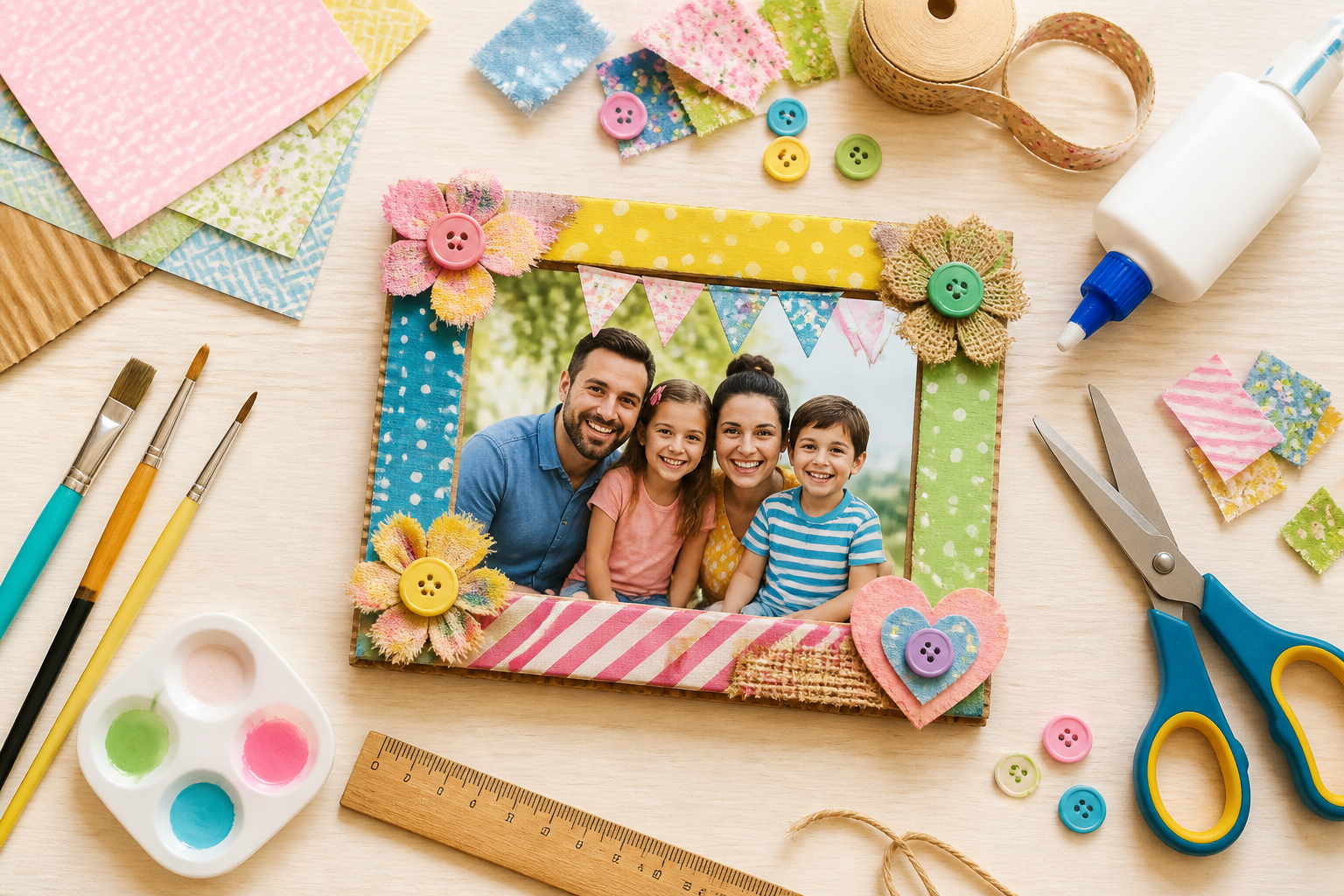 Finished handmade custom photo frame surrounded by basic craft supplies