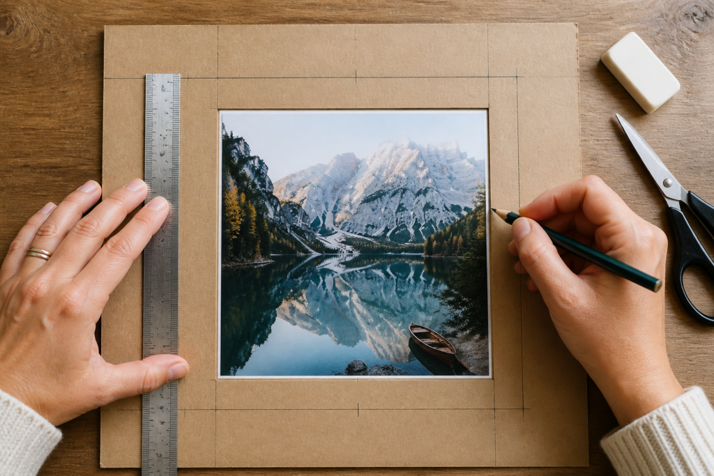 Measuring and marking a cardboard frame opening to fit a photo