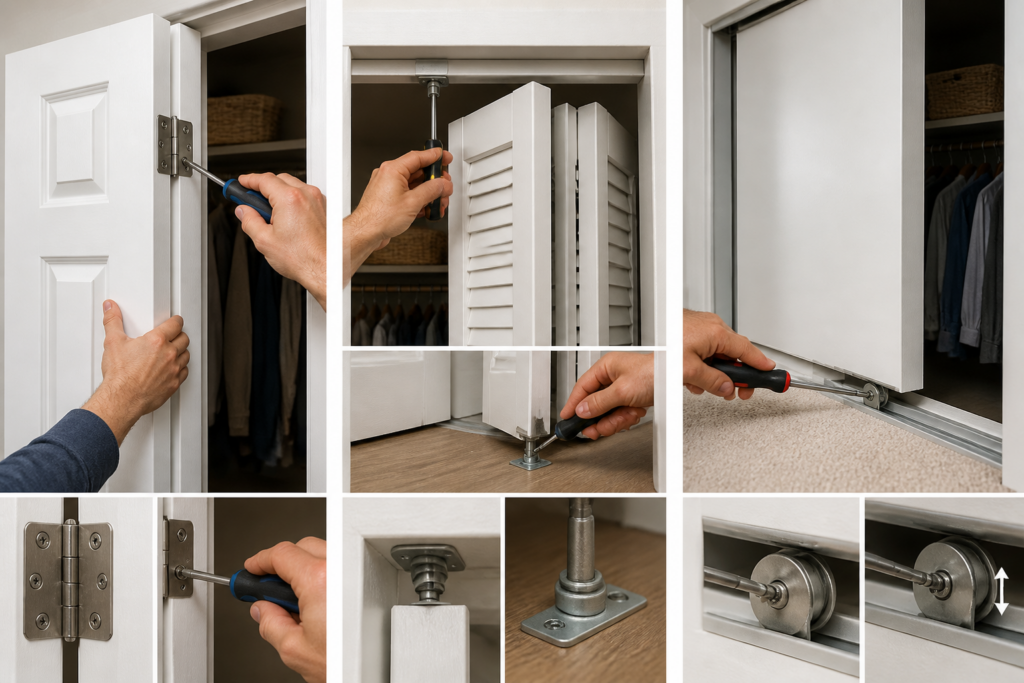 Adjusting hinges, pivots, guides, and rollers to align hinged, bi-fold, and sliding closet doors