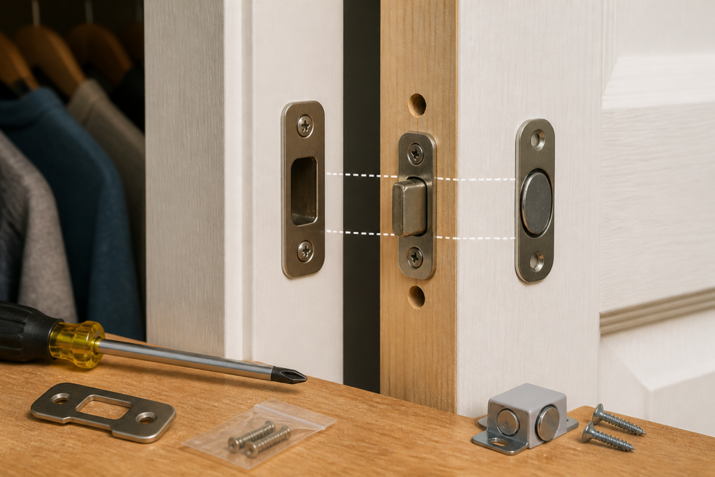 Aligning or replacing a closet door latch, strike plate, or magnetic catch