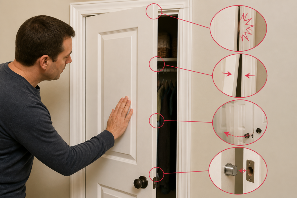 Inspecting closet door gaps and movement to identify rubbing, misalignment, or a latch problem