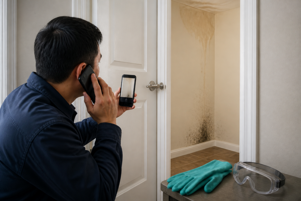 A homeowner documenting water damage and seeking professional help safely