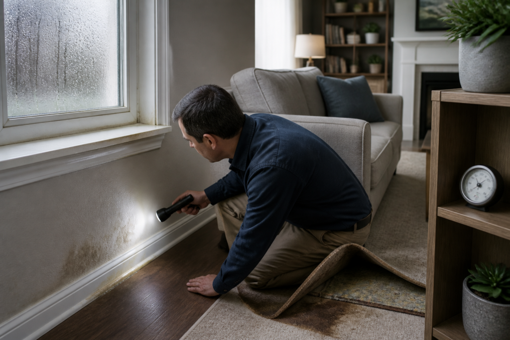 Common signs of hidden moisture including condensation, stains, damp carpet, and a hygrometer