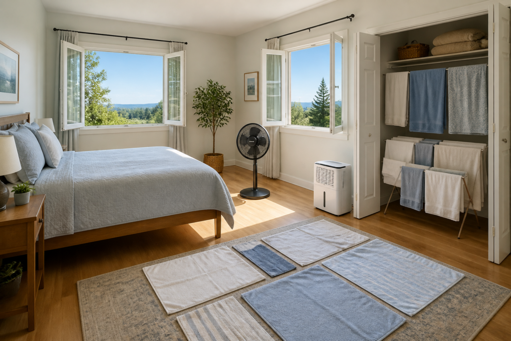 Cross-ventilation, a fan, and a dehumidifier drying a room