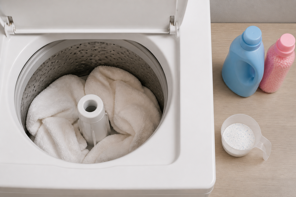 A loosely loaded towel wash with measured detergent and no fabric softener