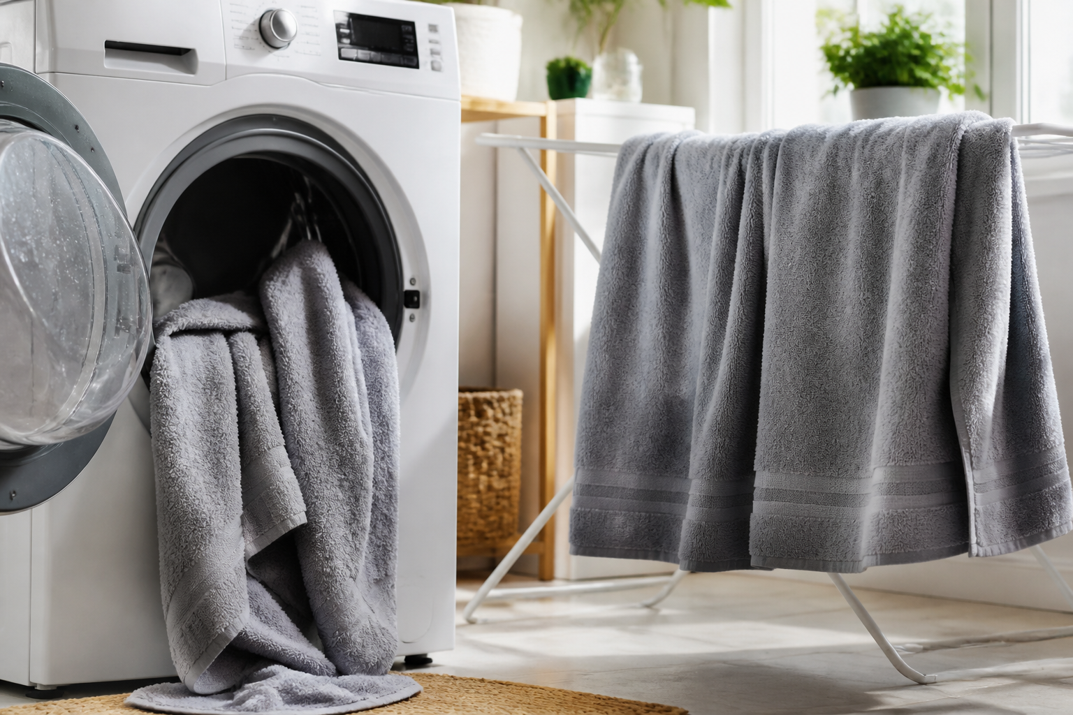 Bath towels being washed and spread out to dry in a well-ventilated laundry room