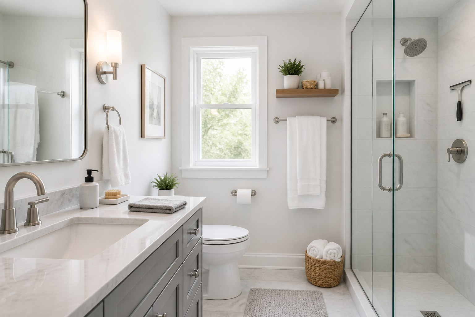 Clean, organized bathroom with dry surfaces, neatly hung towels, and minimal cleaning tools