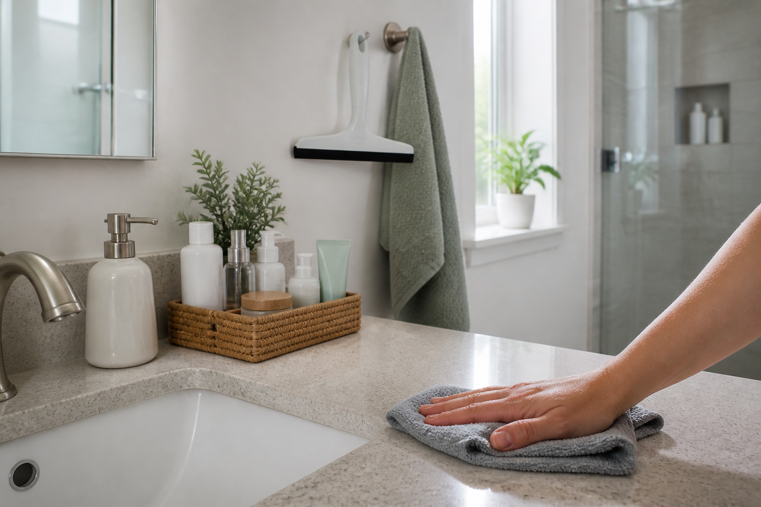 Microfiber cloth, squeegee, organized toiletries, and neatly hung towel supporting a daily bathroom maintenance routine