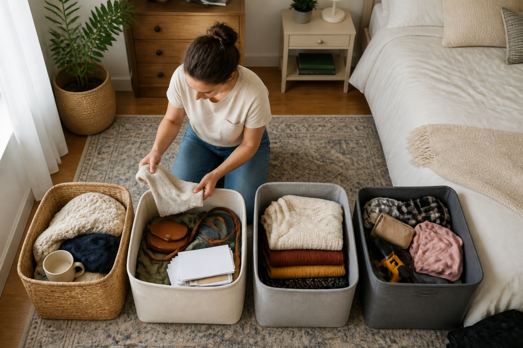 Bedroom belongings sorted into four temporary categories using baskets and boxes