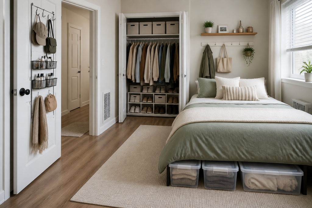 Compact bedroom using door, wall, closet-height, and under-bed storage