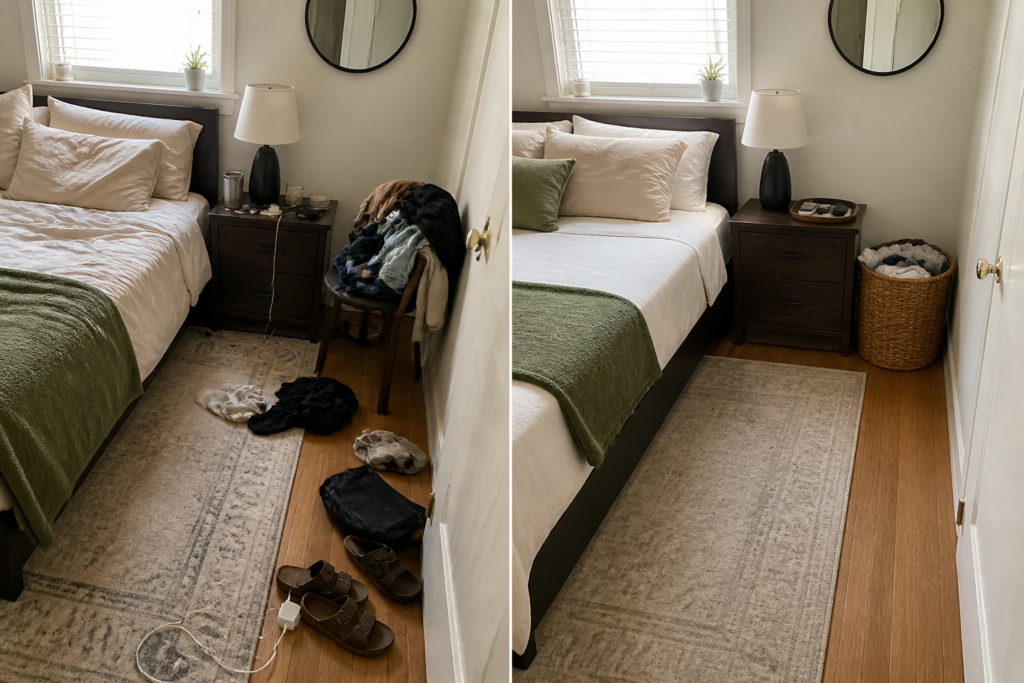 Small bedroom before and after a simple daily five-minute reset