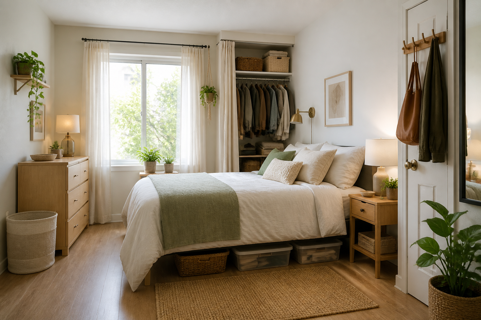 Small bedroom with clear walkways, organized storage, and uncluttered surfaces
