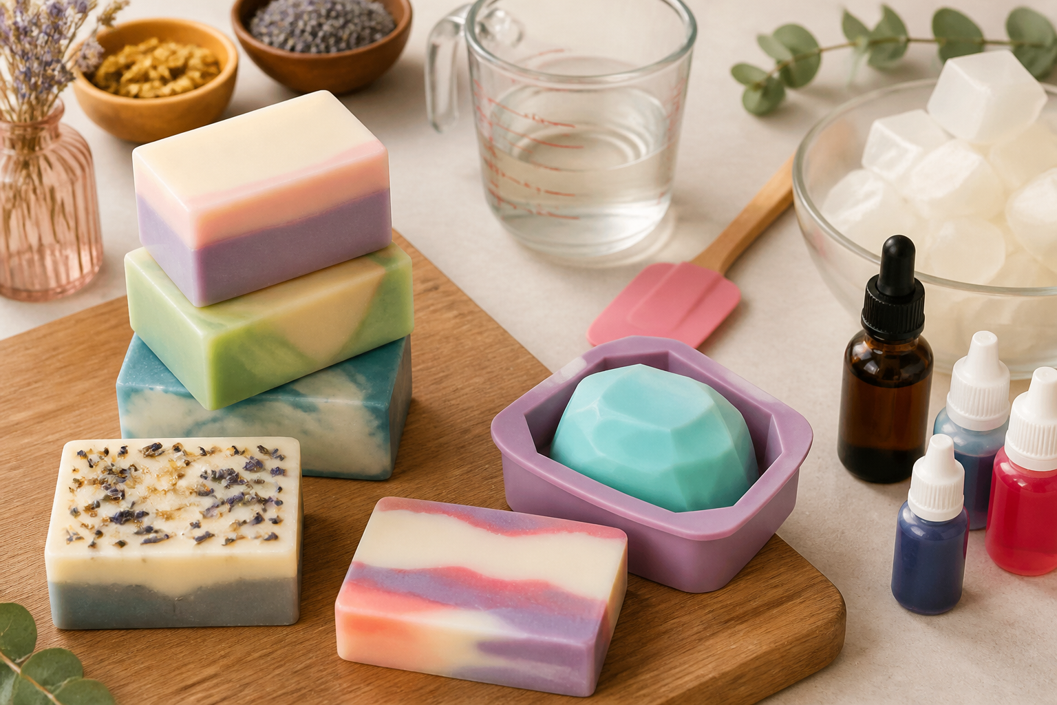 Colorful homemade melt-and-pour soap bars and beginner soap-making supplies on a craft table
