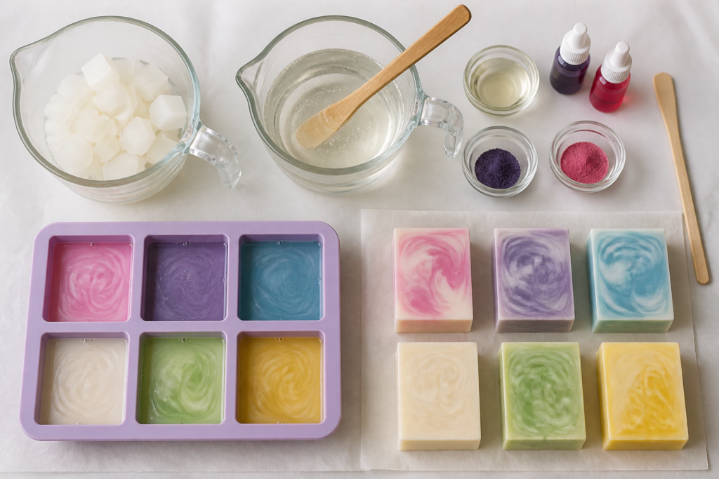Step-by-step melt-and-pour soap-making setup with melted base, colorants, mold, and finished bars