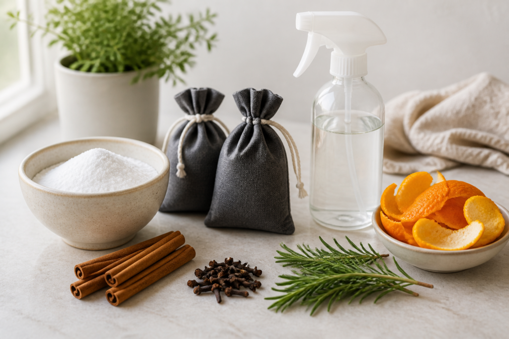 Baking soda, activated charcoal, vinegar, and natural botanicals used for odor control
