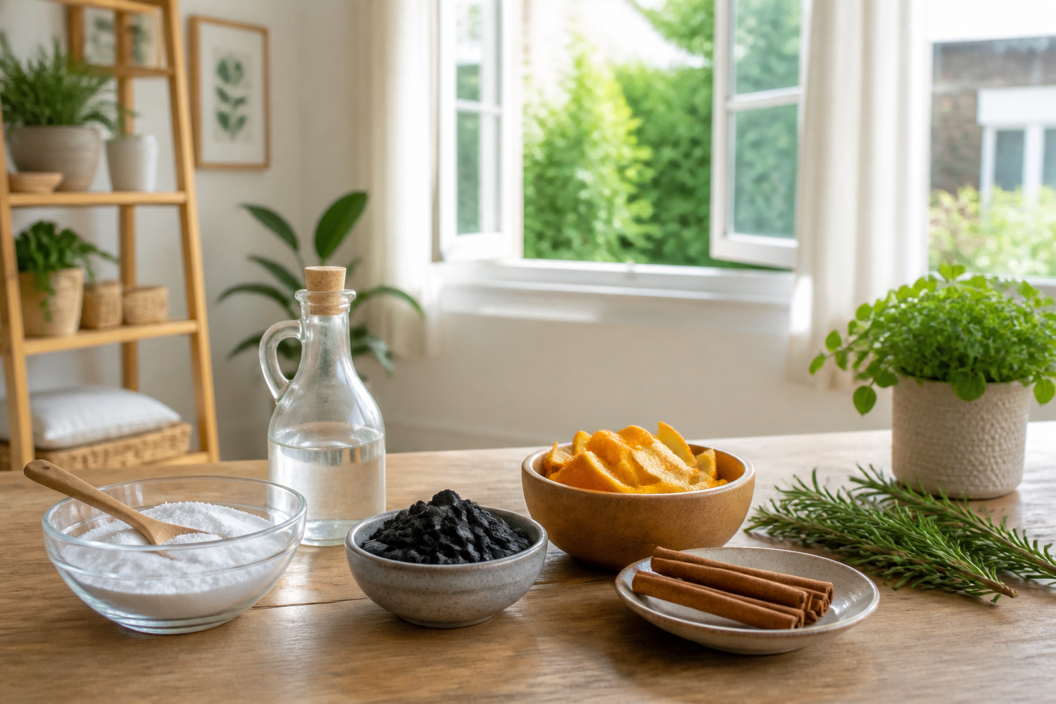Bright home interior with open windows and natural odor-control supplies