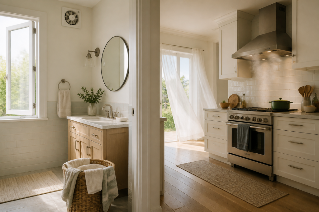 Open windows and exhaust fans improving airflow and reducing indoor moisture