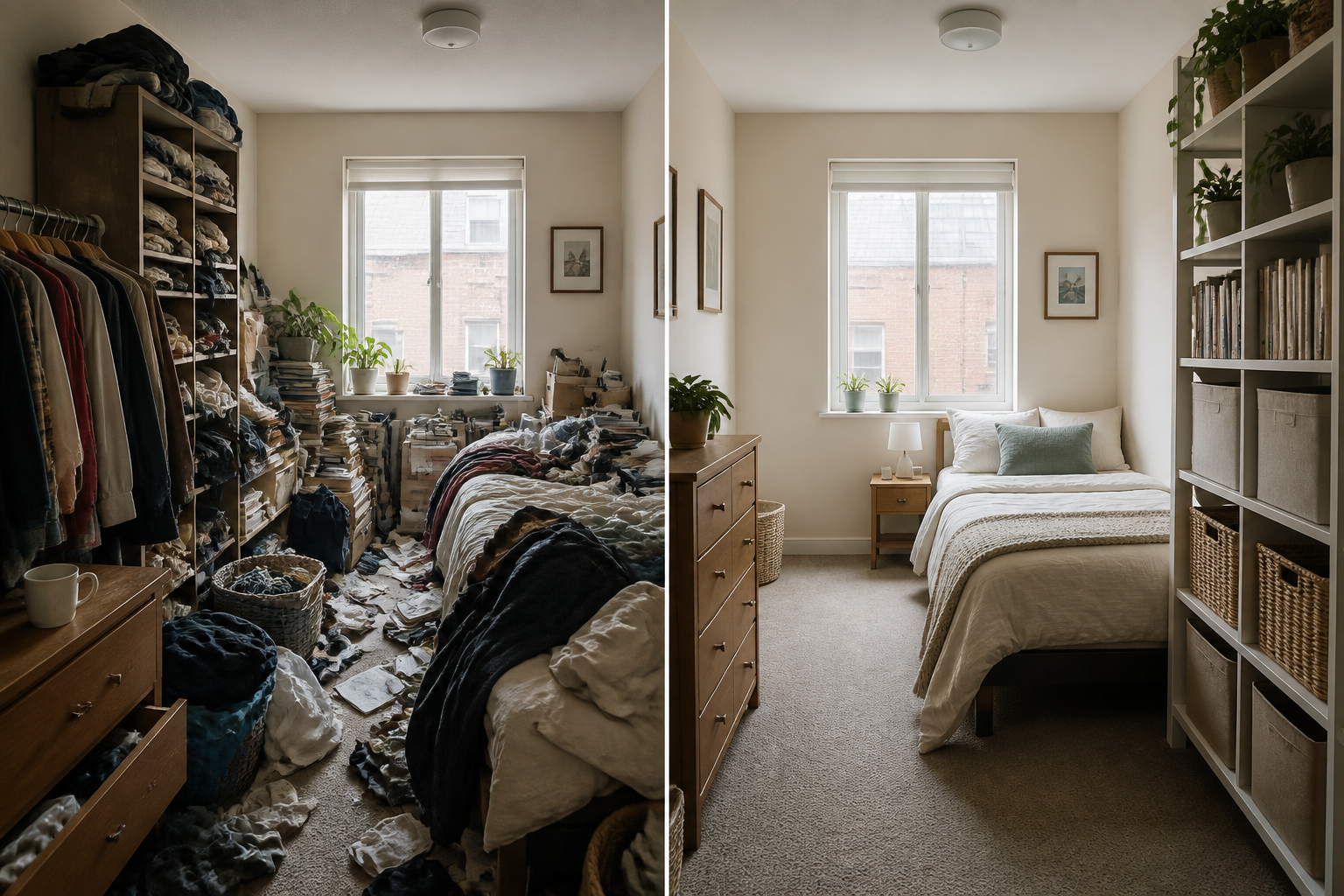 Before-and-after view of a cluttered small bedroom becoming organized and functional