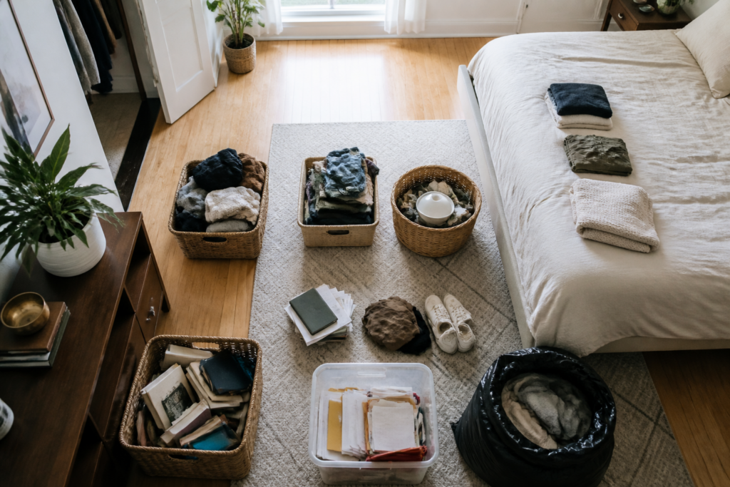 Belongings sorted into organized categories during a small bedroom decluttering session
