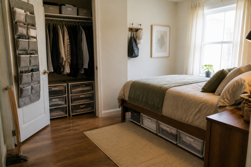 Compact bedroom using closet, under-bed, and door storage efficiently