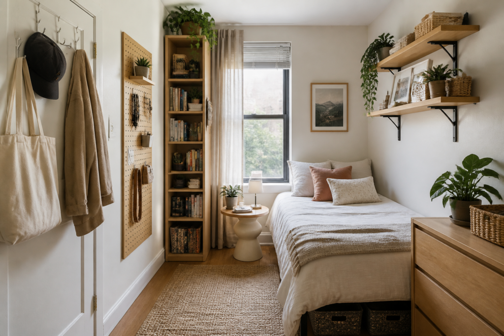 Vertical shelves, hooks, and pegboard maximize storage in a small bedroom
