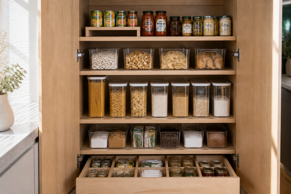 Kitchen cabinet organized with shelf risers, clear bins, containers, and drawer dividers