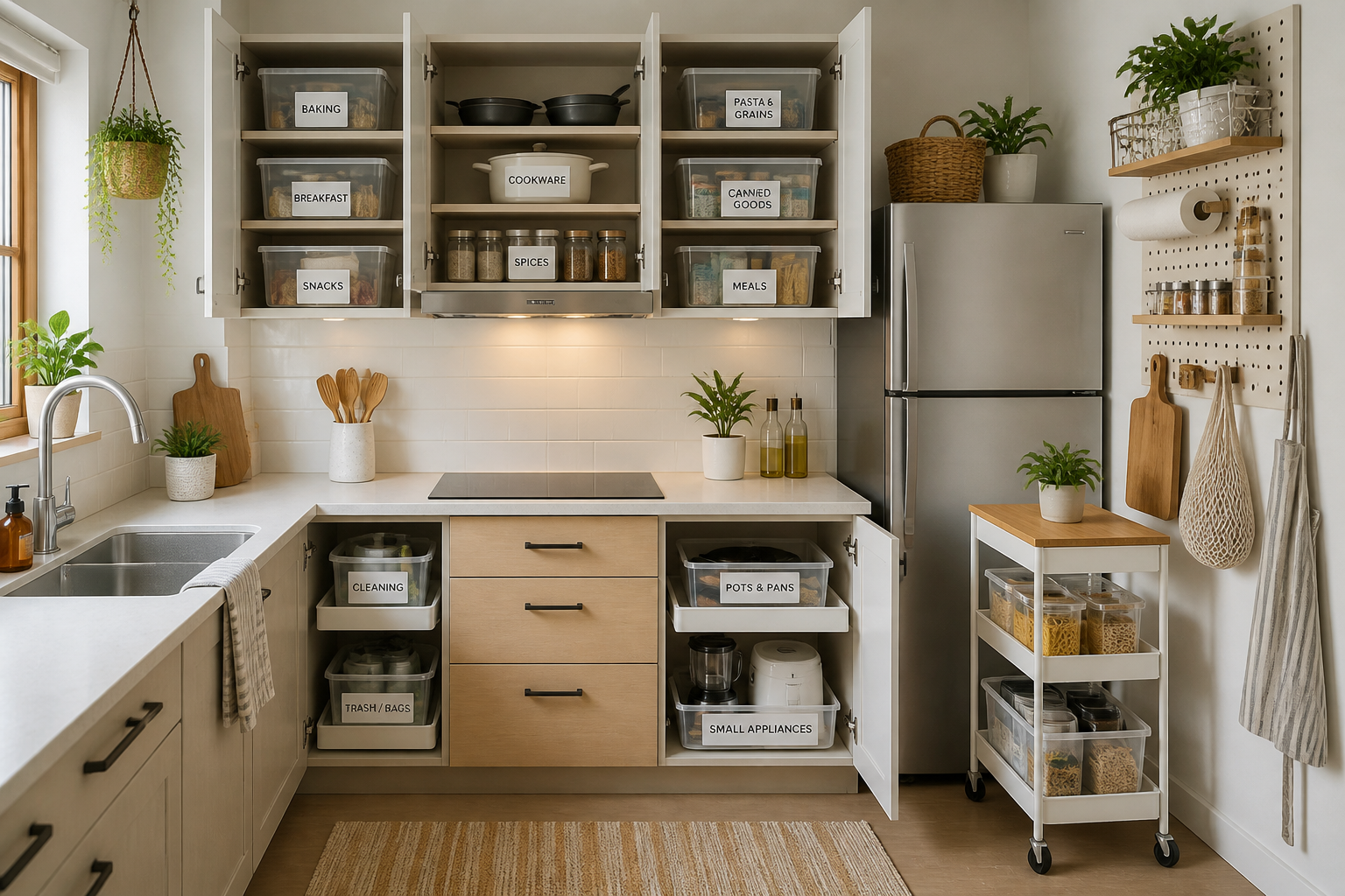 Organized small kitchen using cabinets, vertical storage, and a rolling cart instead of a pantry