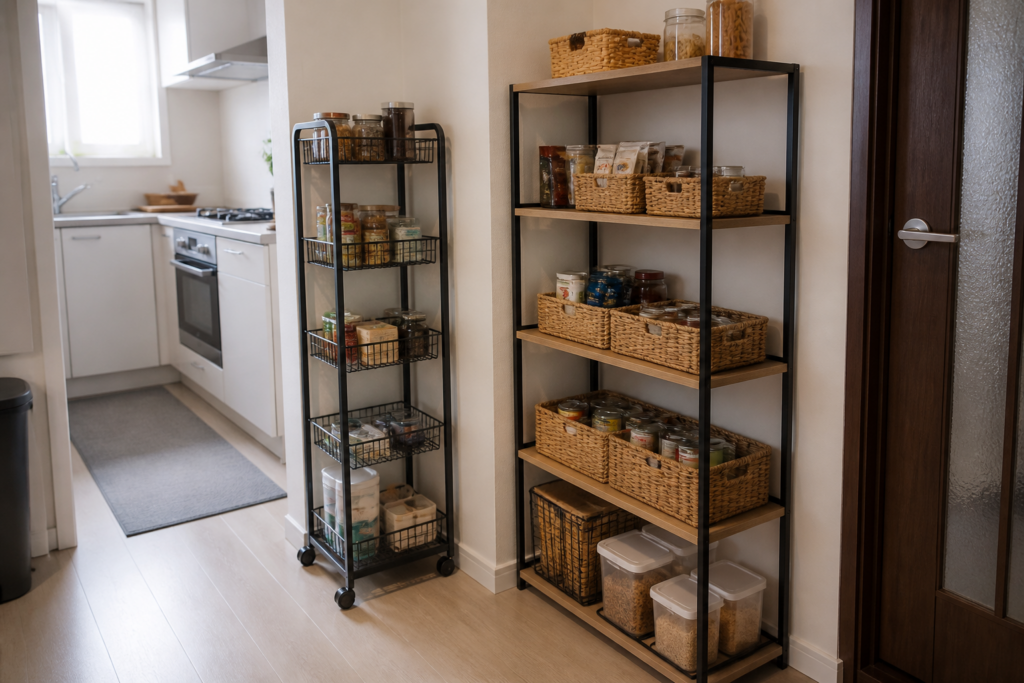 Rolling cart and narrow shelving used as pantry alternatives in a small kitchen
