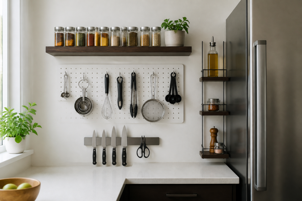 Vertical kitchen storage with wall shelves, pegboard, magnetic strip, and narrow shelving