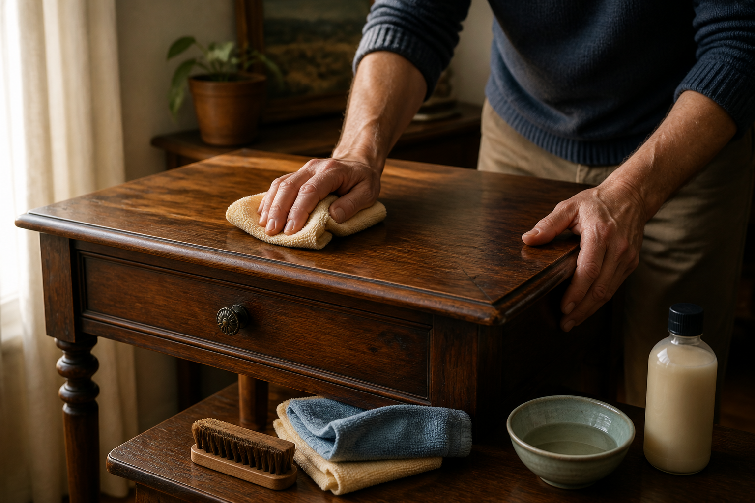 A person gently cleaning an old wooden table with soft cloths and simple furniture-care supplies while preserving its original finish.