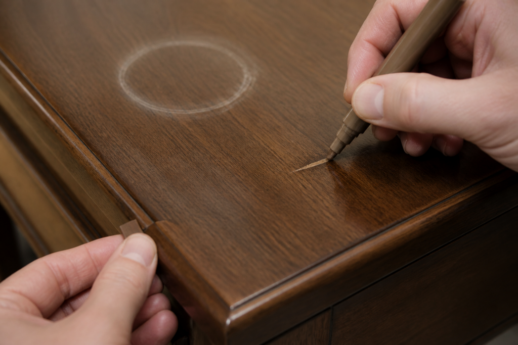 Applying a small amount of tested touch-up color to a pale scratch while avoiding aggressive treatment of a water ring.