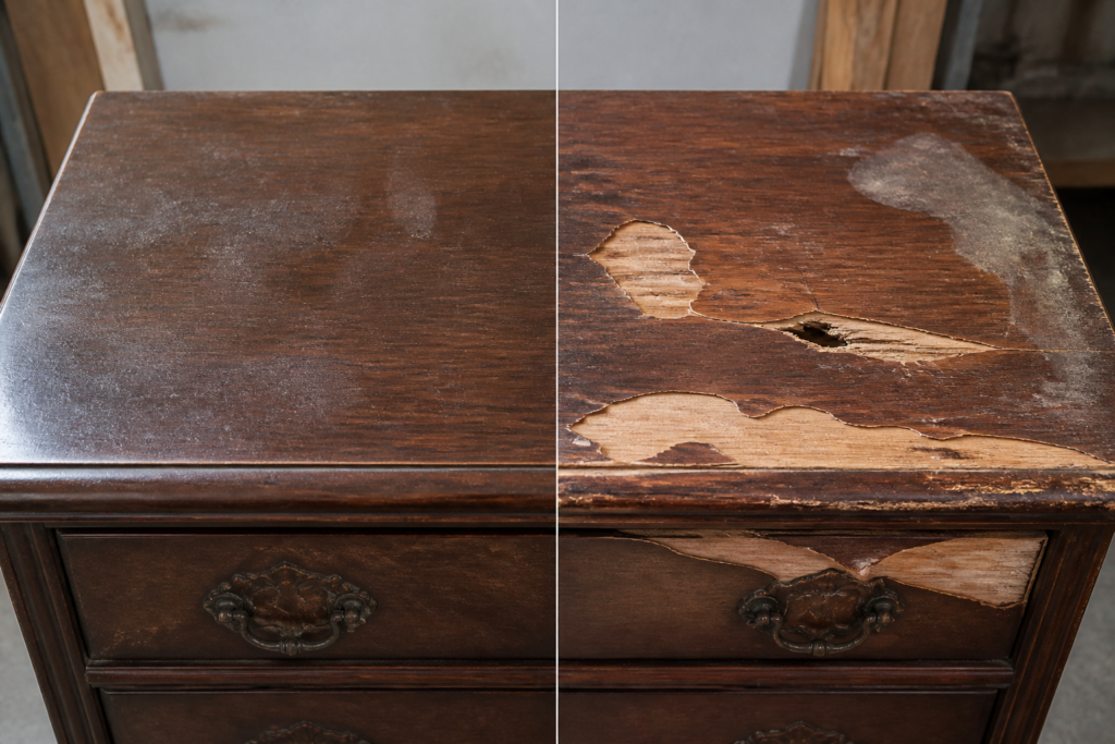 Comparison of a refreshable dull furniture finish and damage that requires repair rather than routine cleaning.