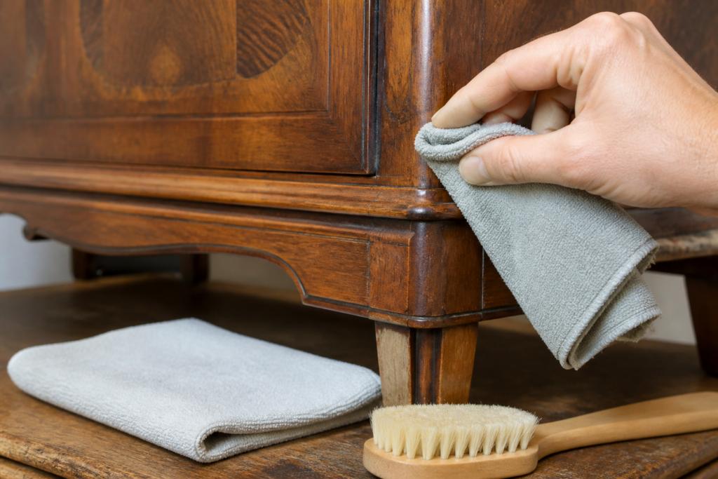 Testing a barely damp cloth on a representative hidden area before cleaning an old wooden finish.