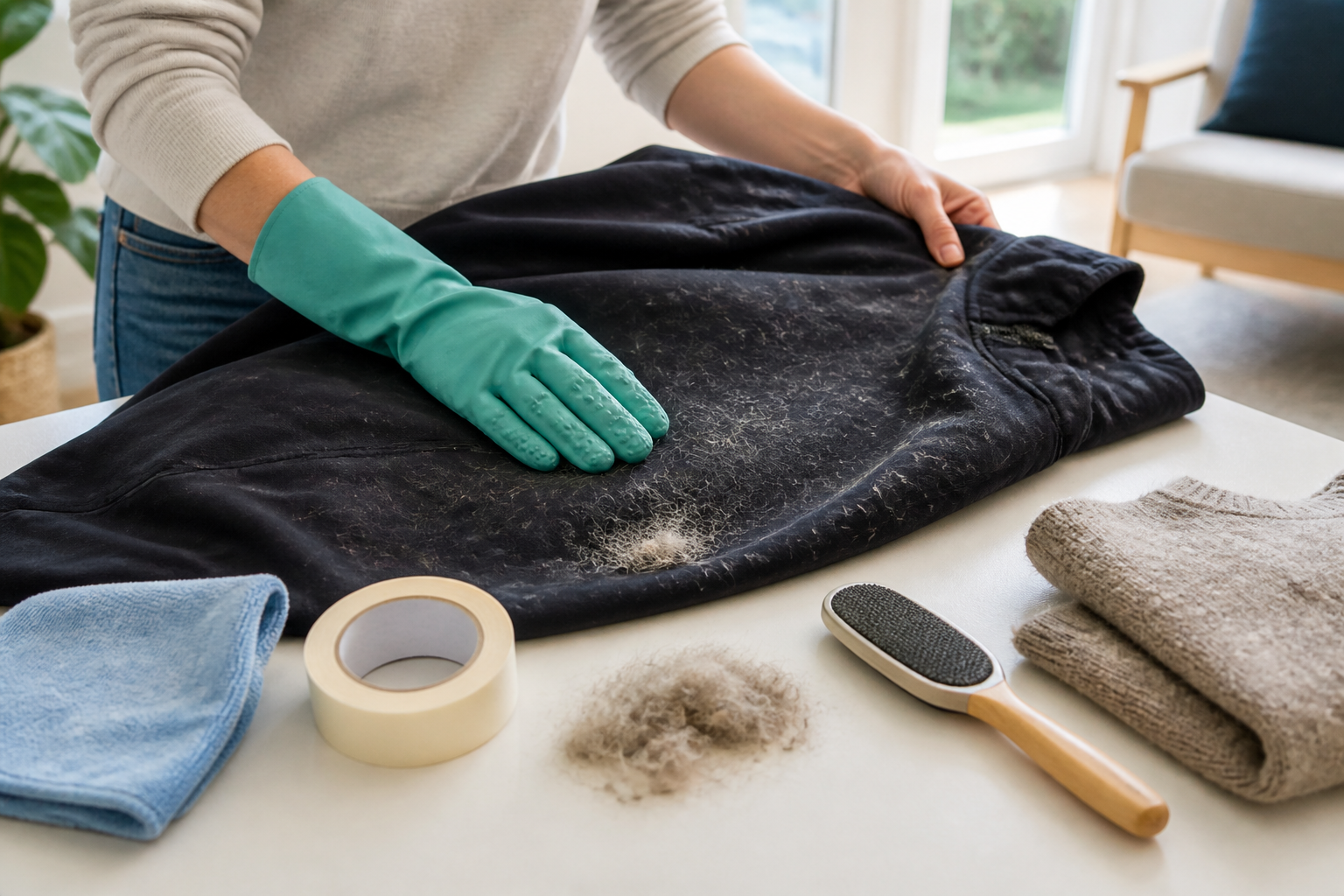 A rubber glove and household tools being used to remove pet hair from a dark jacket