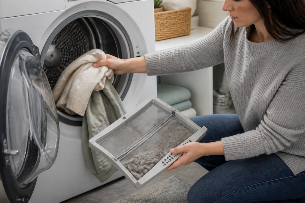 Cleaning pet hair from a dryer lint trap after loosening hair from clothes