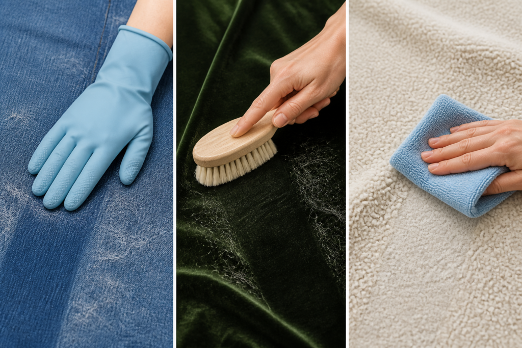 Gentle pet-hair removal techniques for denim, delicate fabric, and fleece